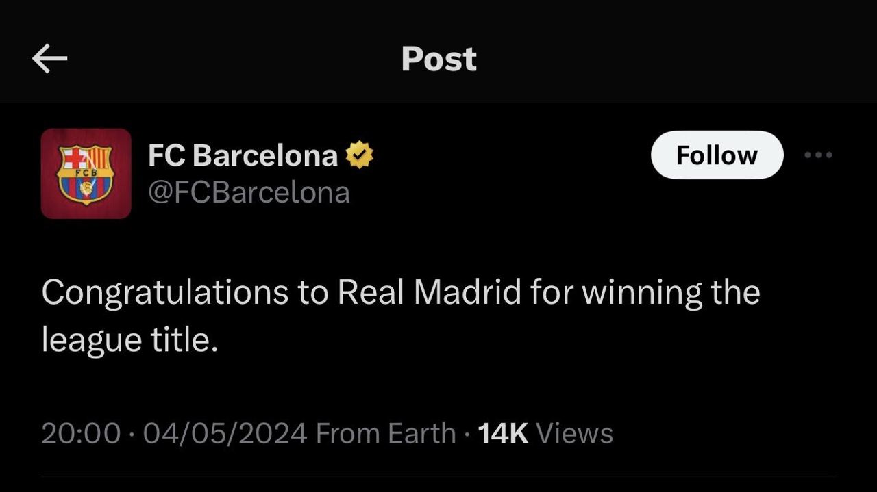 باشگاه بارسلونا قهرمانی لالیگا را به رئال مادرید تبریک گفت